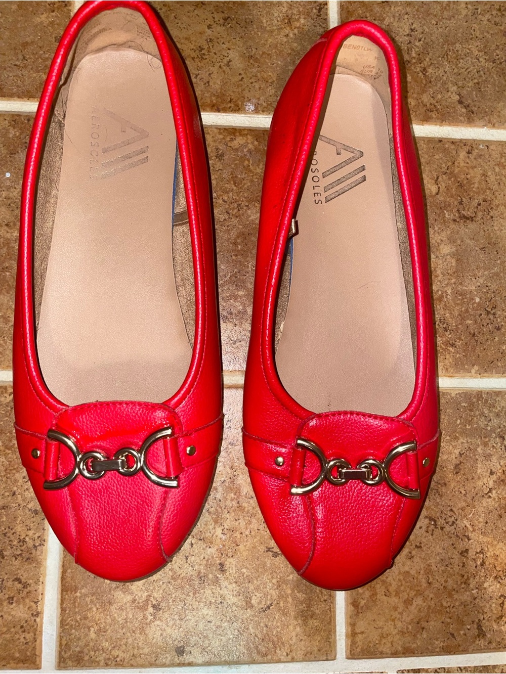 AEROSOLES Red Ballet Flats with Gold Horsebit Accent